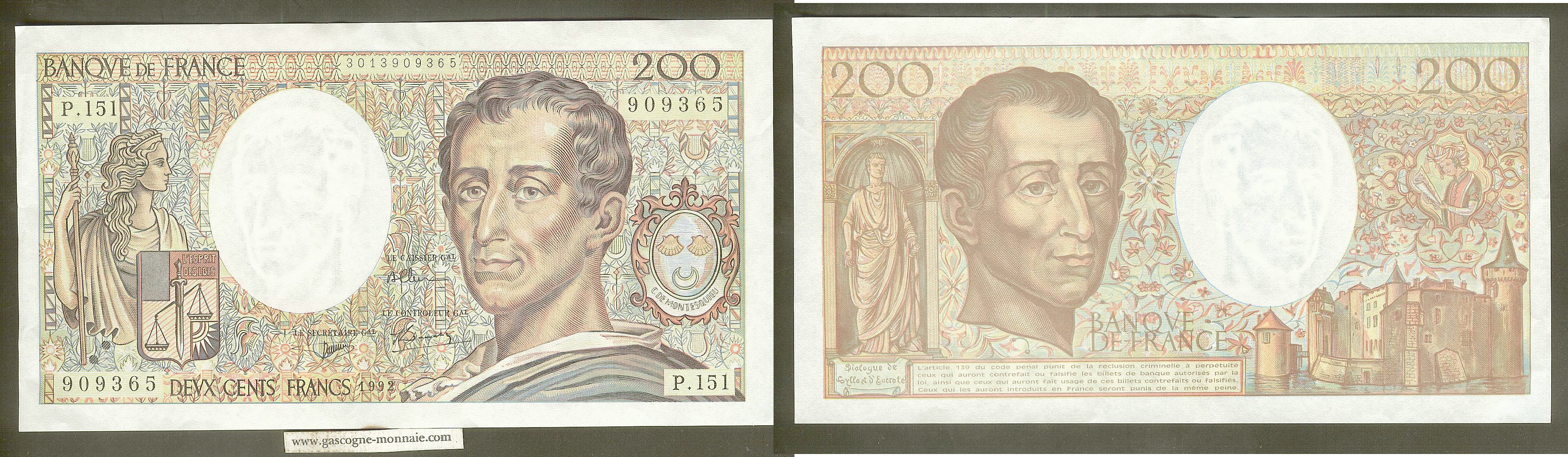 200 Francs 1992 Montesquieu N° 909365  P.151 SUP+